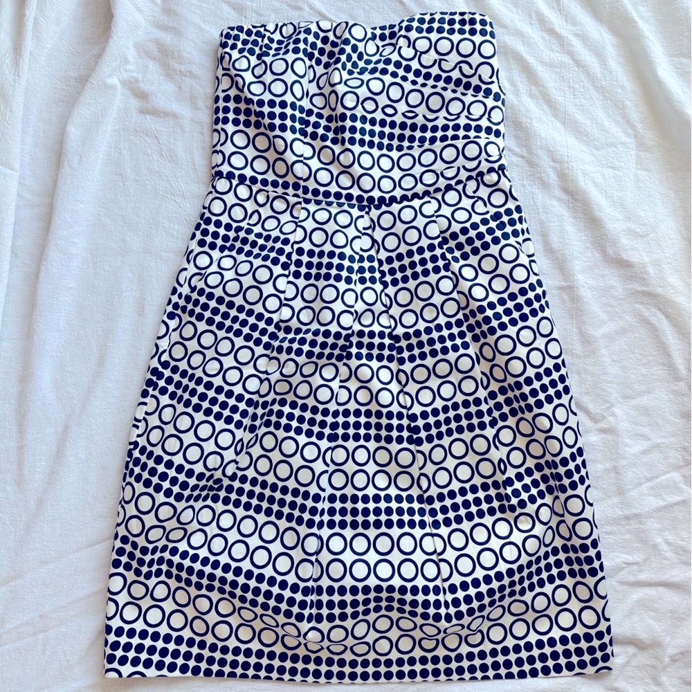 Strapless navy & white dress with pockets